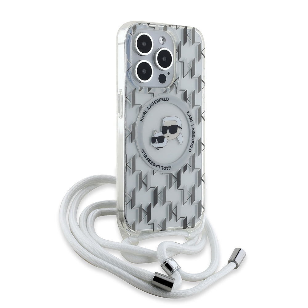 MagSafe-deksel for Apple iPhone 15 Pro, Karl Lagerfeld, IML Crossbody Monogram Karl & Choupette's Heads, Gjennomsiktig