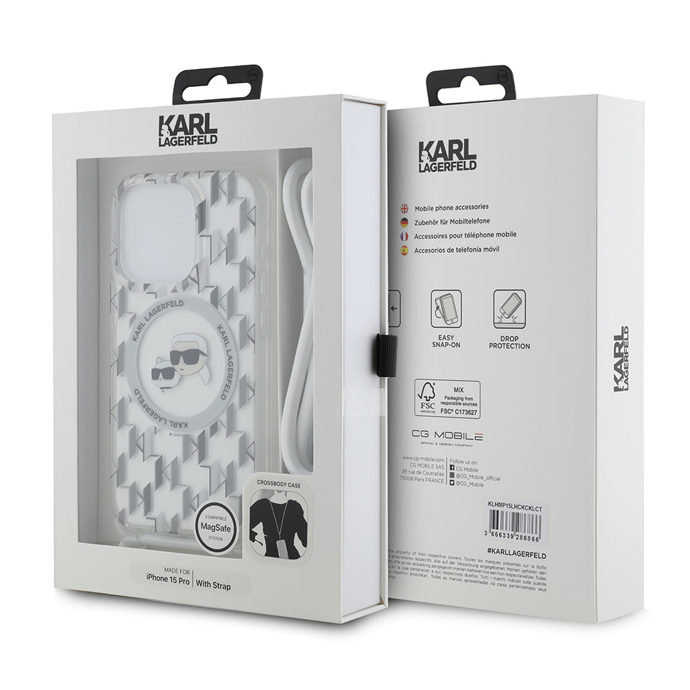MagSafe-deksel for Apple iPhone 15 Pro, Karl Lagerfeld, IML Crossbody Monogram Karl & Choupette's Heads, Gjennomsiktig