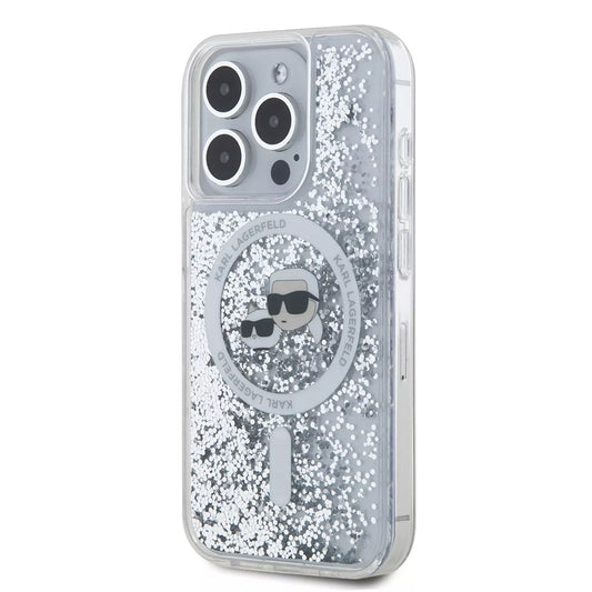 MagSafe-deksel for Apple iPhone 15 Pro, Karl Lagerfeld, Liquid Glitter Karl & Choupette's Heads, Gjennomsiktig