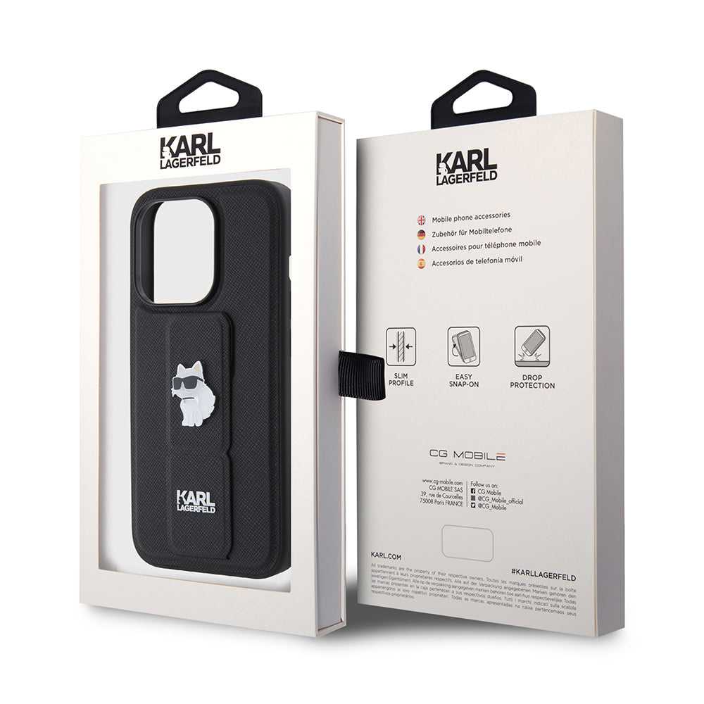 MagSafe-deksel for Apple iPhone 15 Pro, Karl Lagerfeld, Saffiano Gripstand Choupette, Svart
