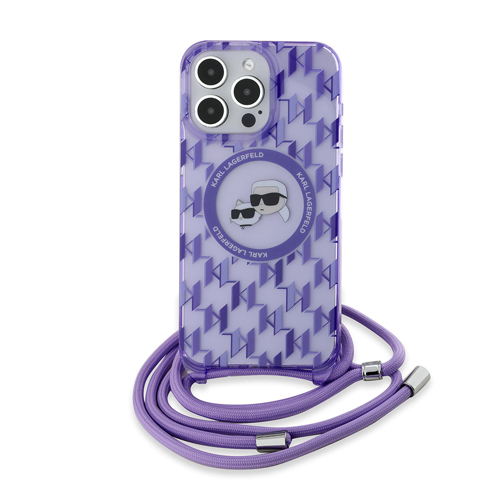 MagSafe-deksel for Apple iPhone 15 Pro Max, Karl Lagerfeld, IML Crossbody Monogram Karl & Choupette's Heads, Lilla