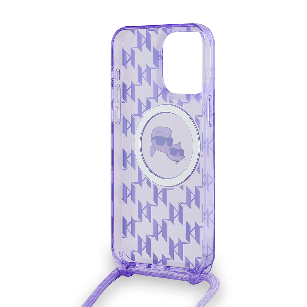 MagSafe-deksel for Apple iPhone 15 Pro Max, Karl Lagerfeld, IML Crossbody Monogram Karl & Choupette's Heads, Lilla