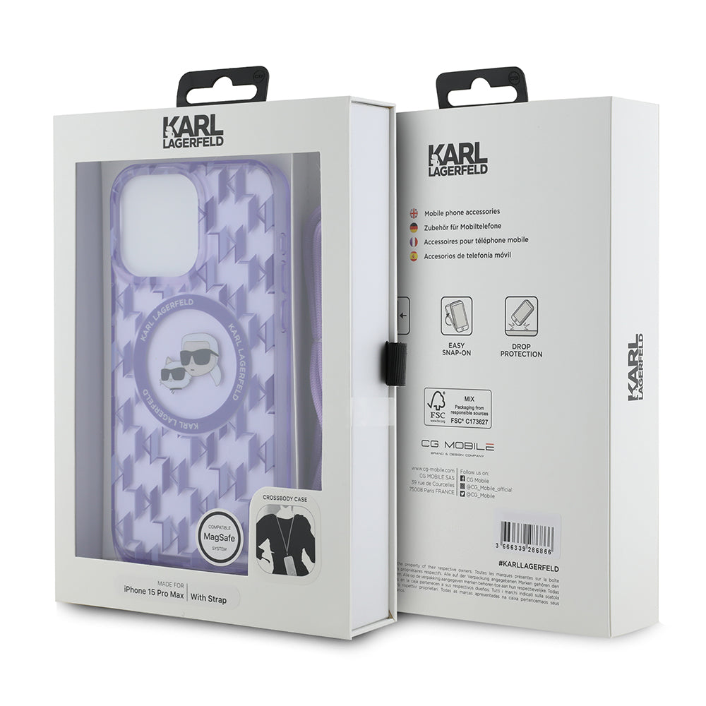MagSafe-deksel for Apple iPhone 15 Pro Max, Karl Lagerfeld, IML Crossbody Monogram Karl & Choupette's Heads, Lilla