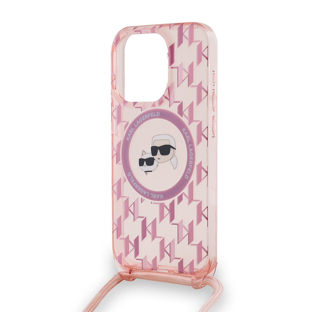 MagSafe-deksel for Apple iPhone 15 Pro Max, Karl Lagerfeld, IML Crossbody Monogram Karl & Choupette's Heads, Rosa