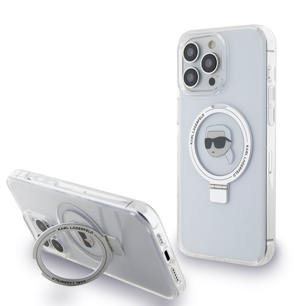 MagSafe-deksel for Apple iPhone 15 Pro Max, Karl Lagerfeld, Ring Stand Karl's Head, Hvit