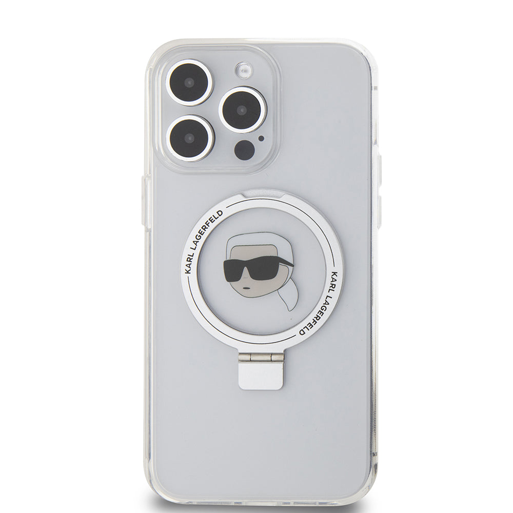 MagSafe-deksel for Apple iPhone 15 Pro Max, Karl Lagerfeld, Ring Stand Karl's Head, Hvit