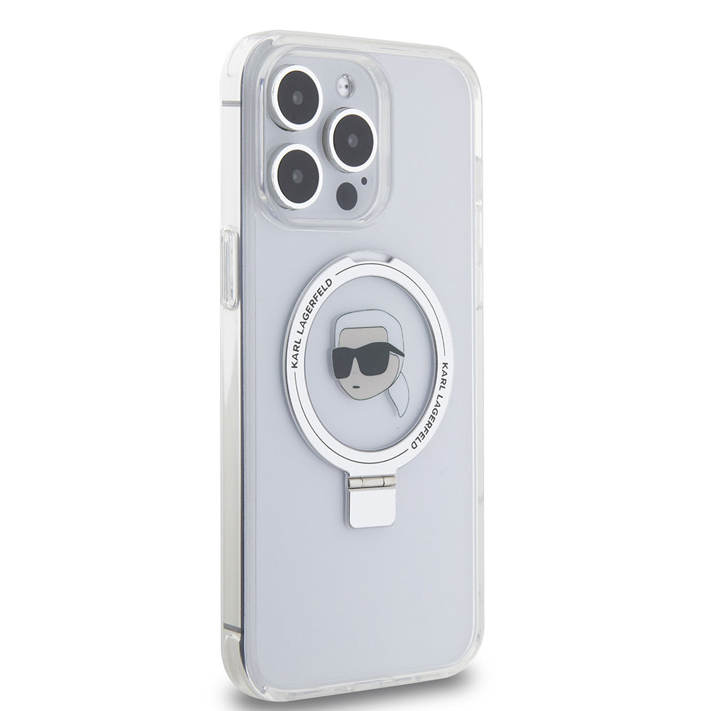 MagSafe-deksel for Apple iPhone 15 Pro Max, Karl Lagerfeld, Ring Stand Karl's Head, Hvit