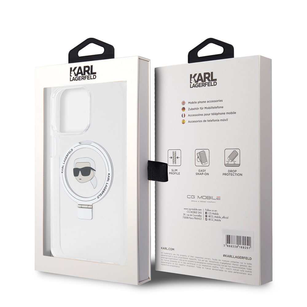 MagSafe-deksel for Apple iPhone 15 Pro Max, Karl Lagerfeld, Ring Stand Karl's Head, Hvit