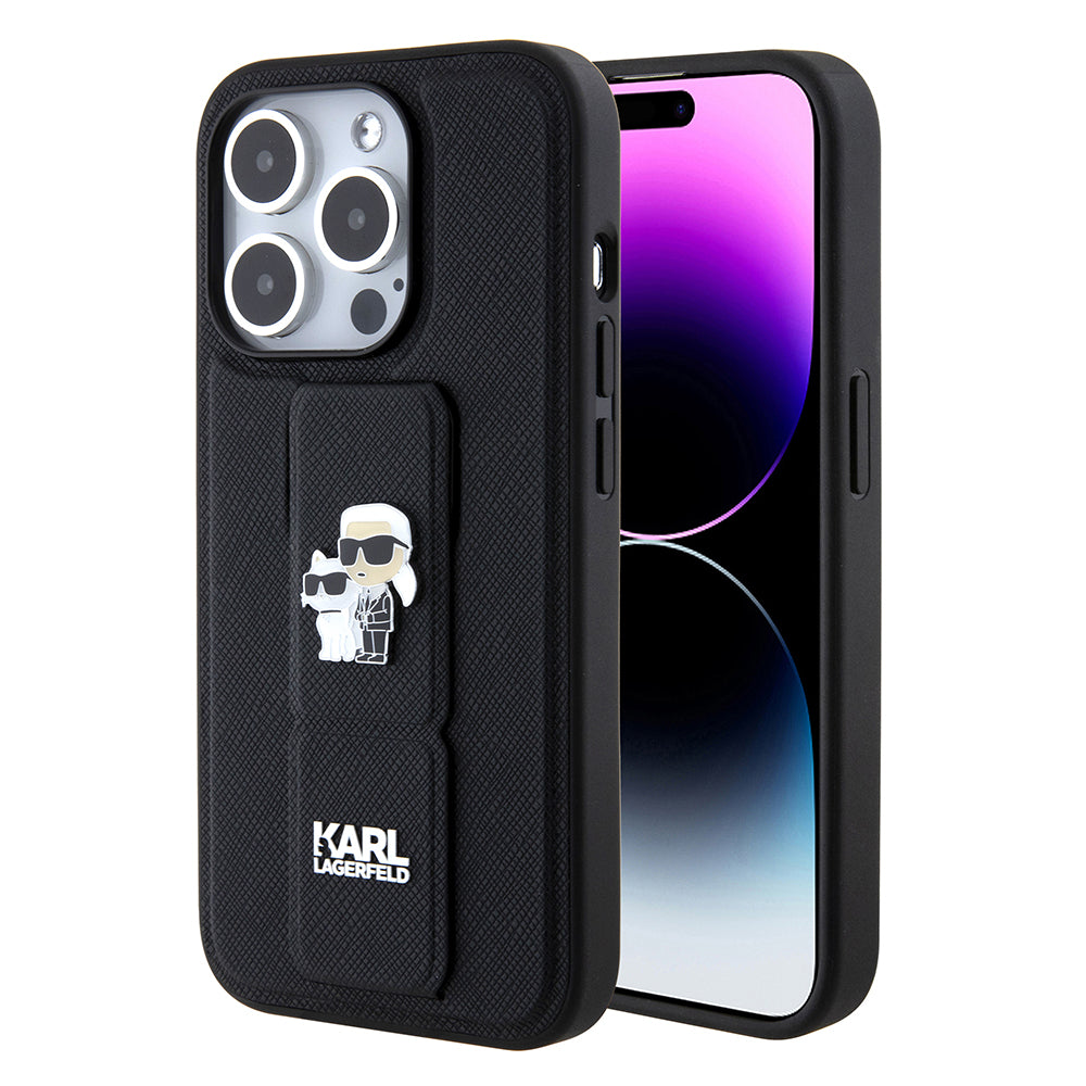MagSafe-deksel for Apple iPhone 15 Pro Max, Karl Lagerfeld, Saffiano Gripstand Karl & Choupette, Svart
