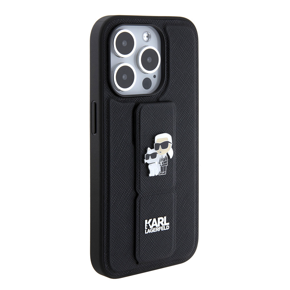MagSafe-deksel for Apple iPhone 15 Pro Max, Karl Lagerfeld, Saffiano Gripstand Karl & Choupette, Svart
