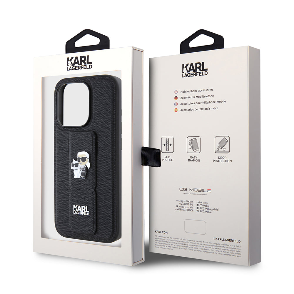 MagSafe-deksel for Apple iPhone 15 Pro Max, Karl Lagerfeld, Saffiano Gripstand Karl & Choupette, Svart