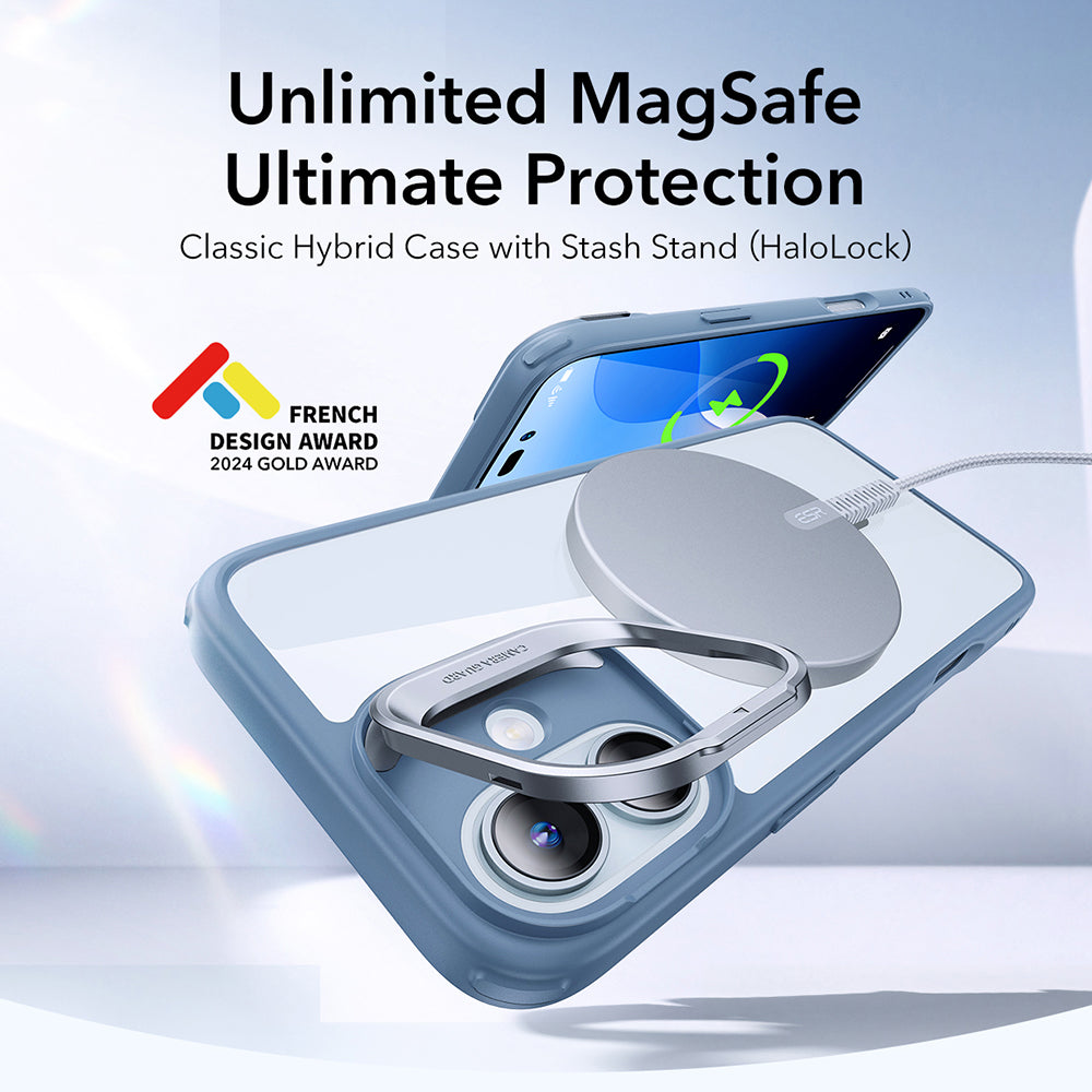 MagSafe-deksel for Apple iPhone 16, ESR, Classic Hybrid Kickstand, Gjennomsiktig Blå