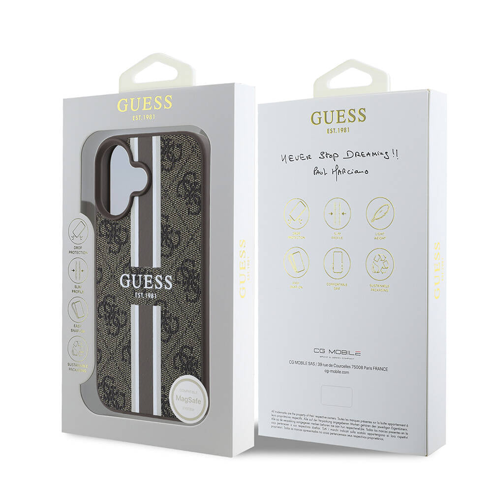 MagSafe-deksel for Apple iPhone 16, Guess, 4G Printed Stripes, Brun