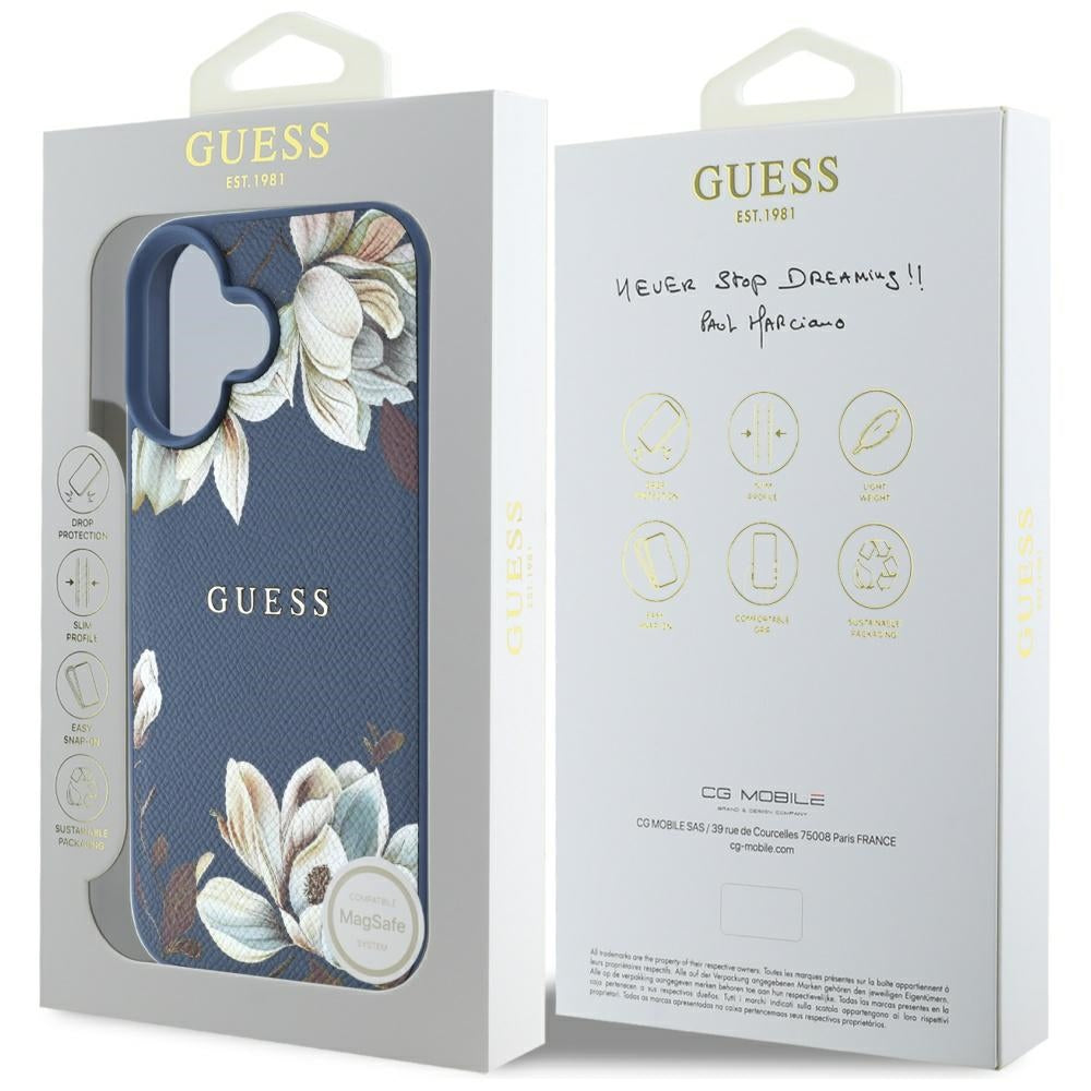 MagSafe-deksel for Apple iPhone 16, Guess, Grained Flowers, Blå