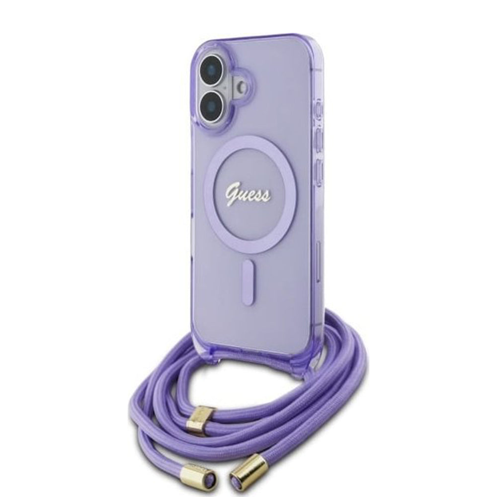 MagSafe deksel for Apple iPhone 16, Guess, IML Crossbody Cord Script, Lilla