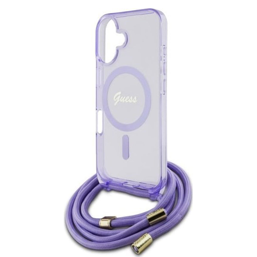 MagSafe deksel for Apple iPhone 16, Guess, IML Crossbody Cord Script, Lilla
