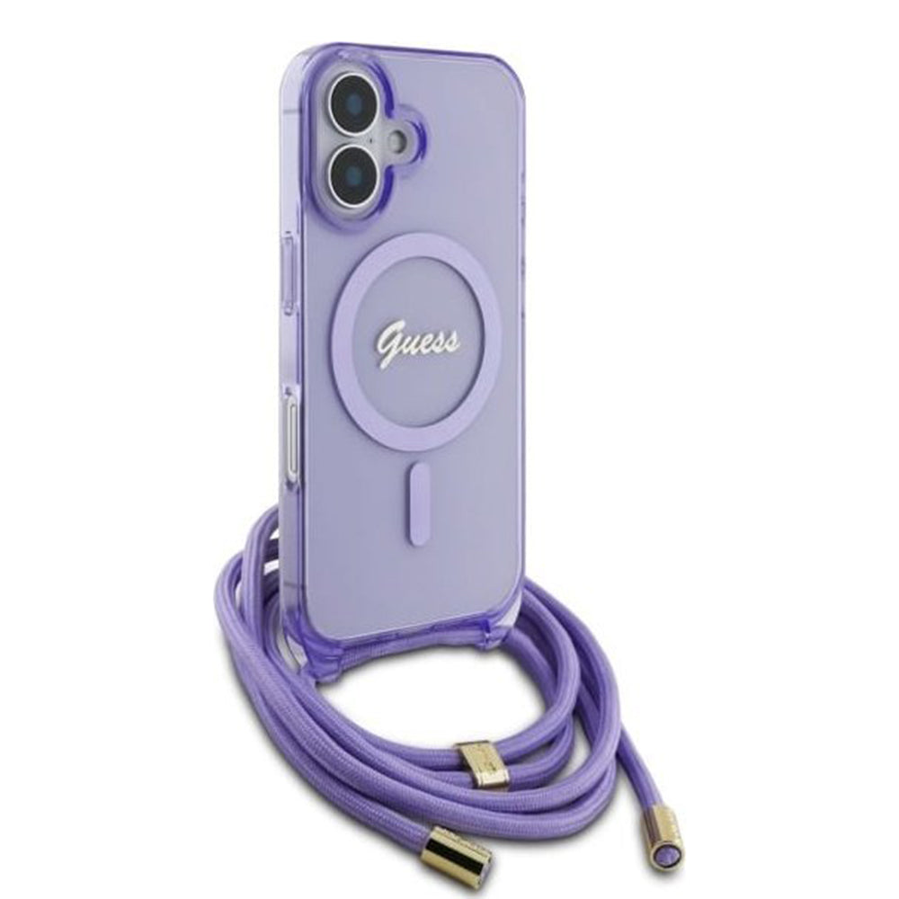MagSafe-deksel for Apple iPhone 16, Guess, IML Crossbody Cord Script, Rosa