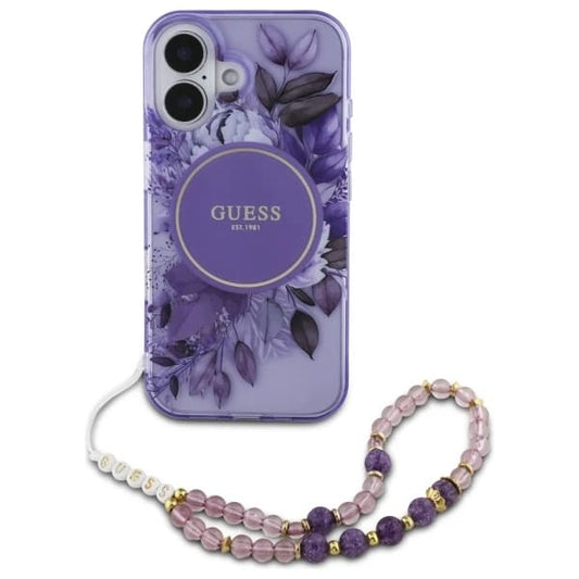 MagSafe-deksel for Apple iPhone 16, Guess, IML Flowers with Pearl Strap, Lilla