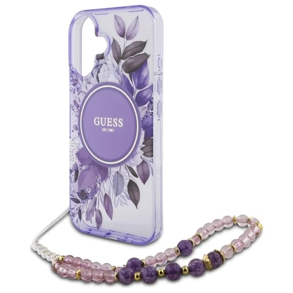 MagSafe-deksel for Apple iPhone 16, Guess, IML Flowers with Pearl Strap, Lilla