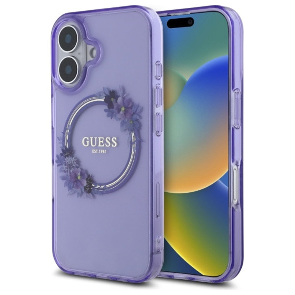 MagSafe-deksel for Apple iPhone 16, Guess, IML Flowers Wreath, Lilla