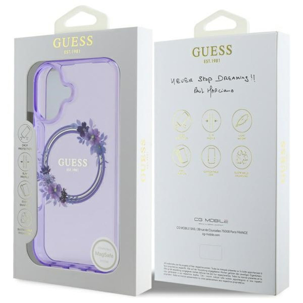 MagSafe-deksel for Apple iPhone 16, Guess, IML Flowers Wreath, Lilla