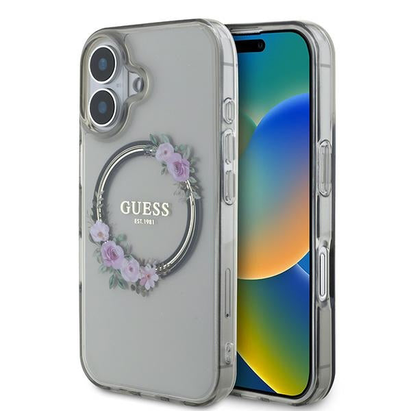 MagSafe-deksel for Apple iPhone 16, Guess, IML Flowers Wreath, Svart