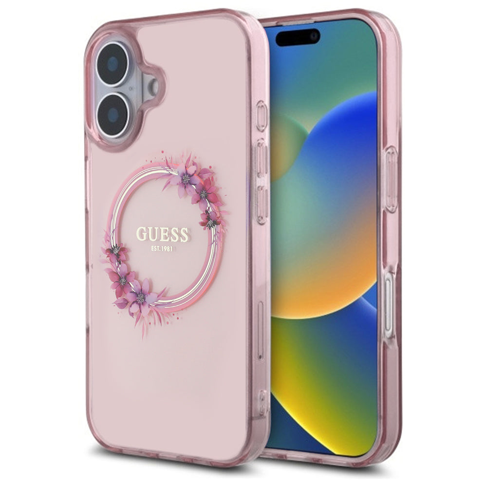 MagSafe-deksel for Apple iPhone 16, Guess, IML Flowers Wreath, Rosa
