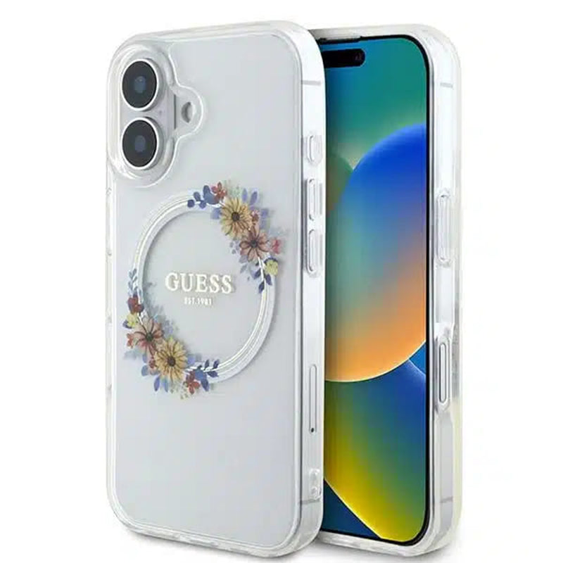 MagSafe-deksel for Apple iPhone 16, Guess, IML Flowers Wreath, Gjennomsiktig