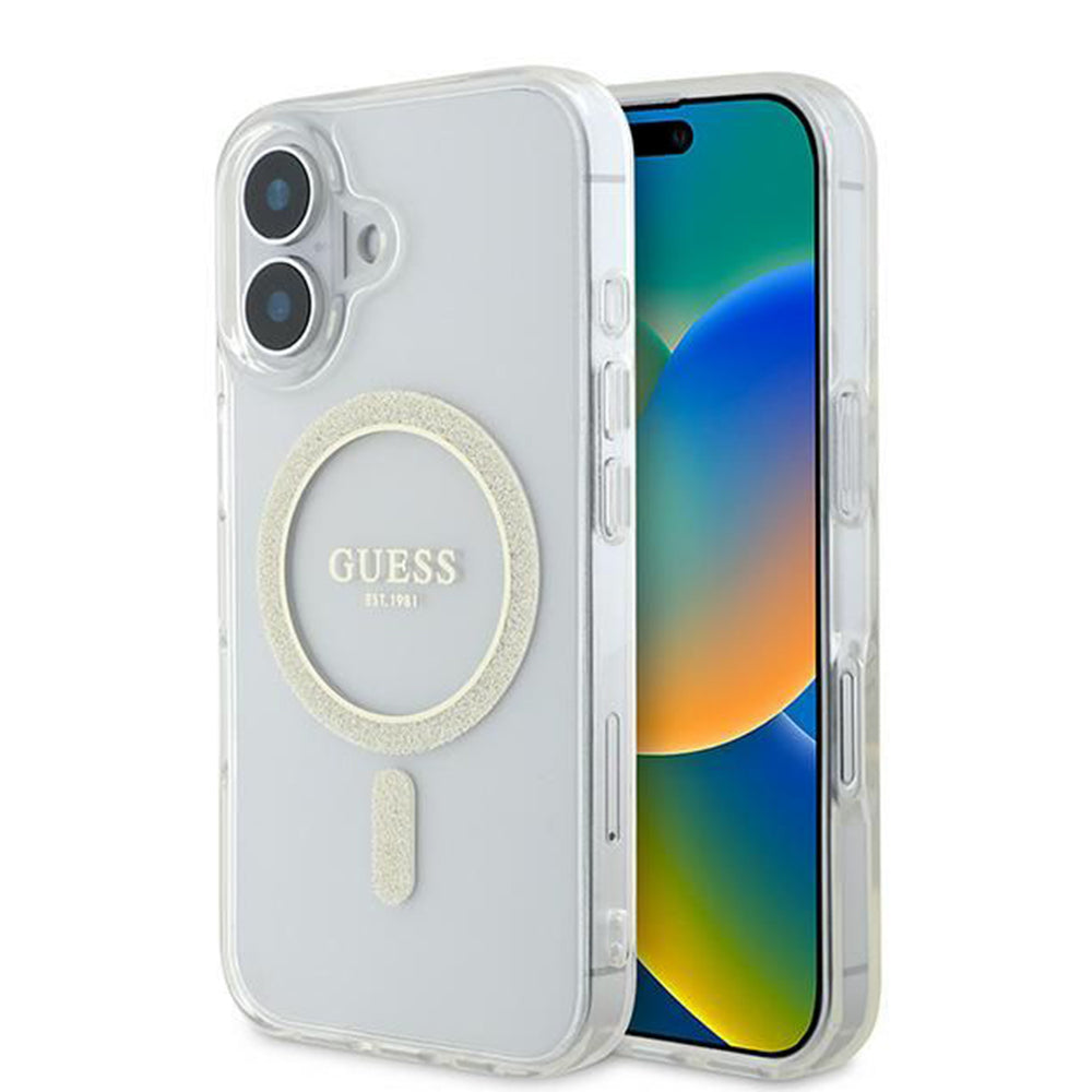MagSafe-deksel for Apple iPhone 16, Guess, IML Glitter Circle, Gjennomsiktig