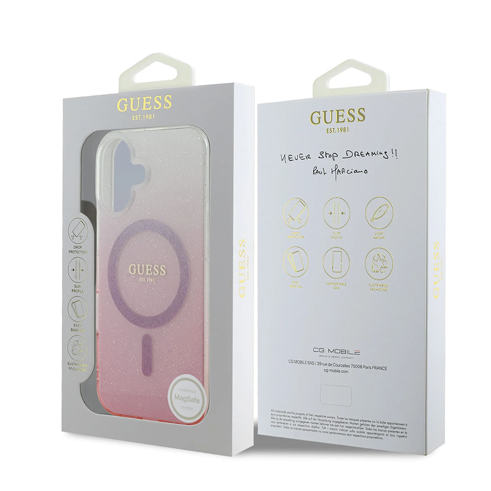 MagSafe-deksel for Apple iPhone 16, Guess, IML Glitter Gradient, Rosa