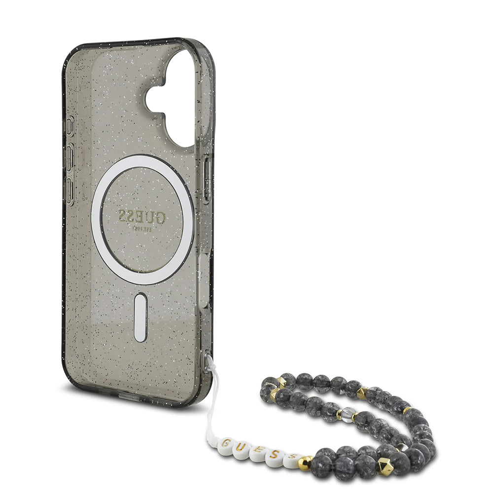 MagSafe-deksel for Apple iPhone 16, Guess, IML Glitter med perlebånd, Svart