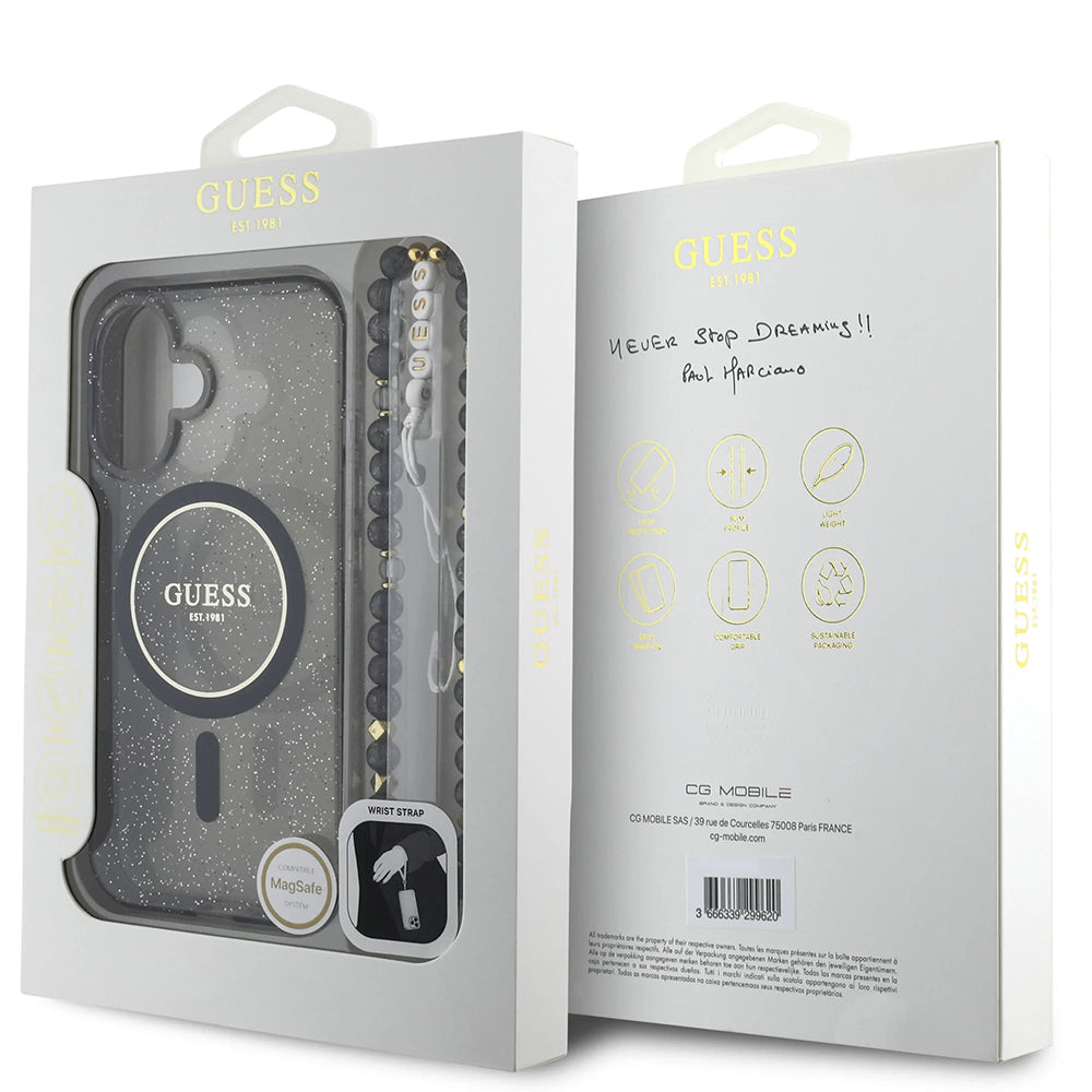 MagSafe-deksel for Apple iPhone 16, Guess, IML Glitter med perlebånd, Svart