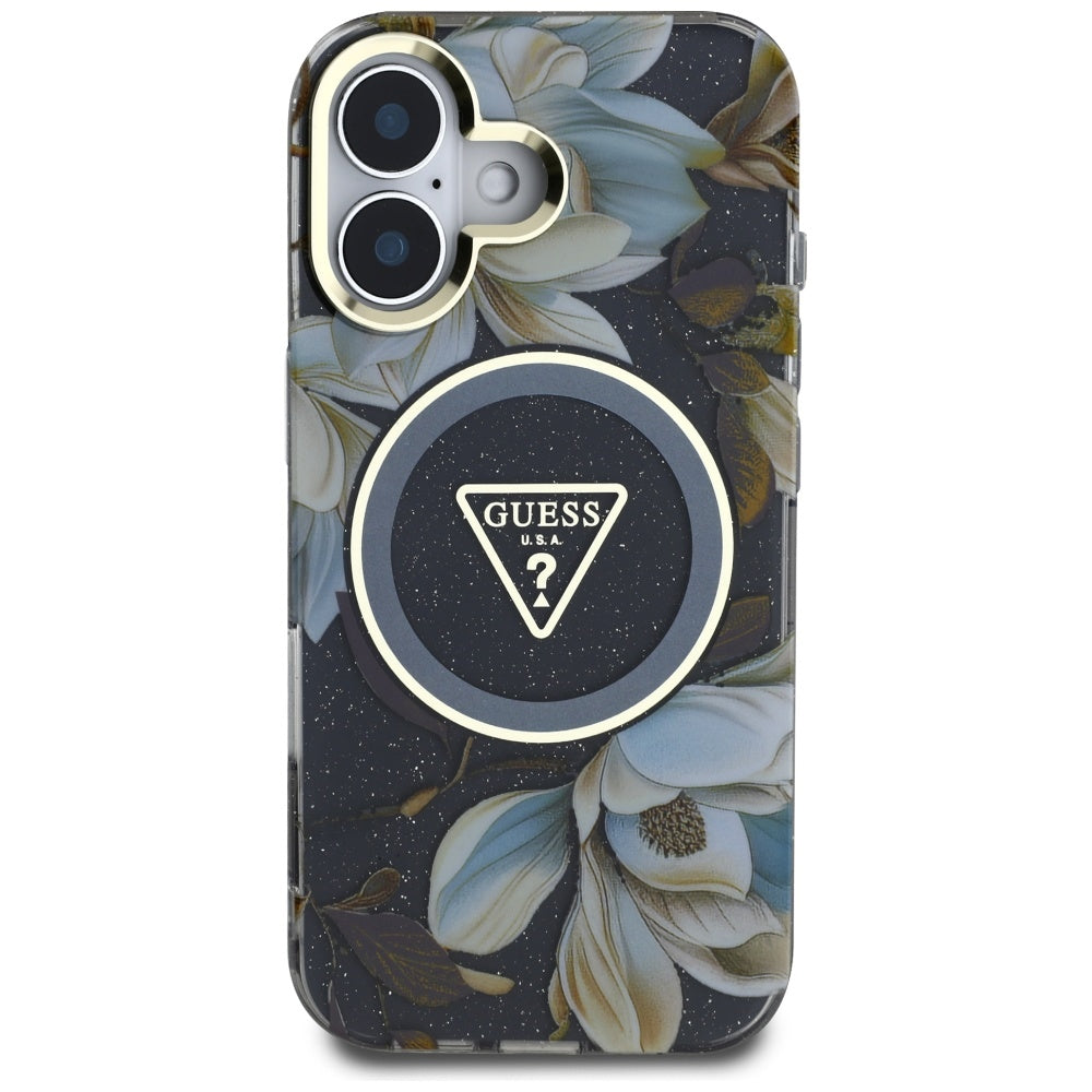 MagSafe-deksel for Apple iPhone 16, Guess, IML Metal Glitter Flowers Triangle, Svart
