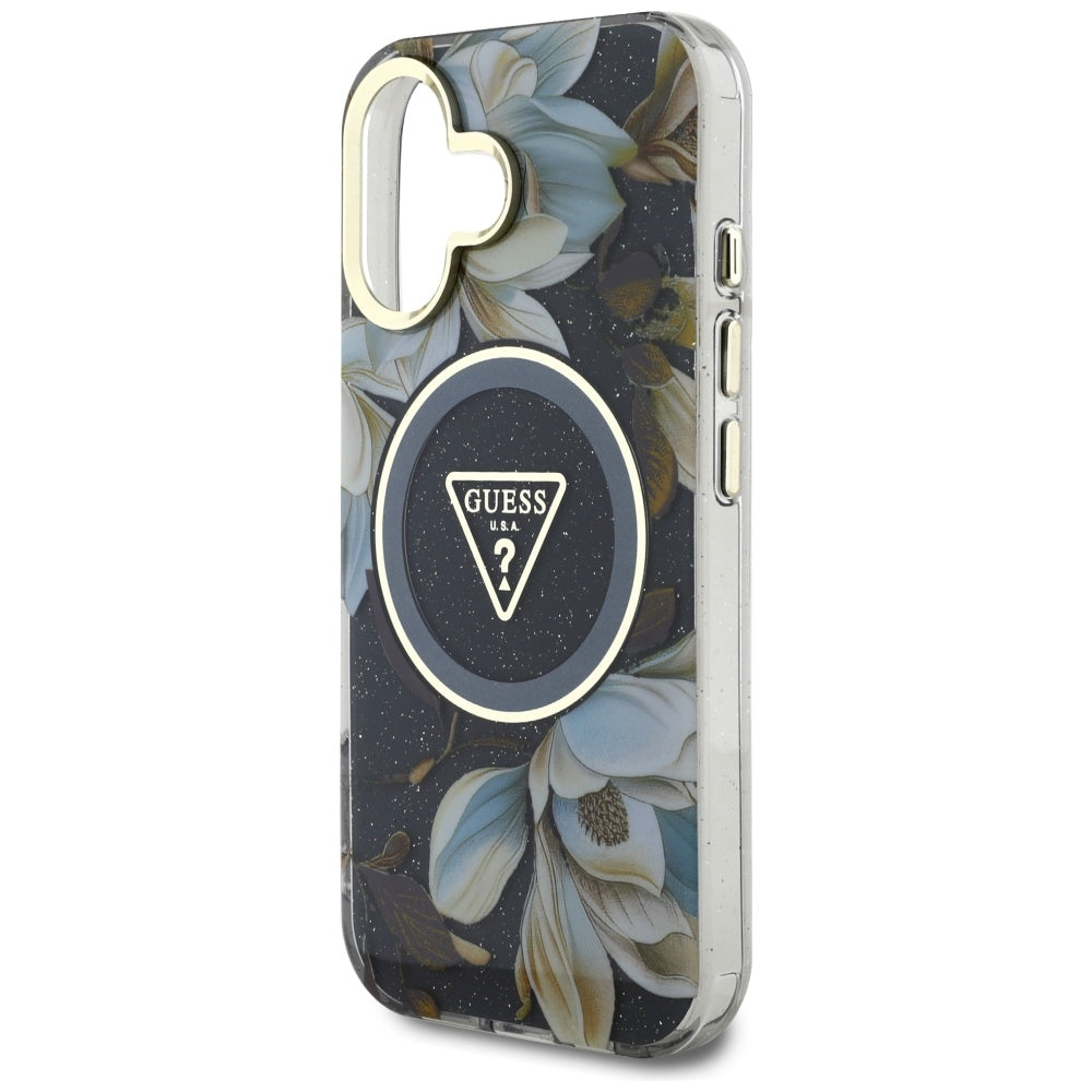 MagSafe-deksel for Apple iPhone 16, Guess, IML Metal Glitter Flowers Triangle, Svart