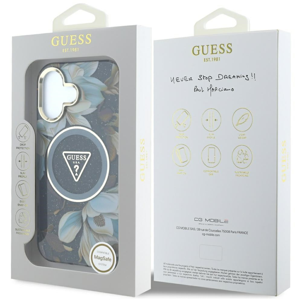 MagSafe-deksel for Apple iPhone 16, Guess, IML Metal Glitter Flowers Triangle, Svart