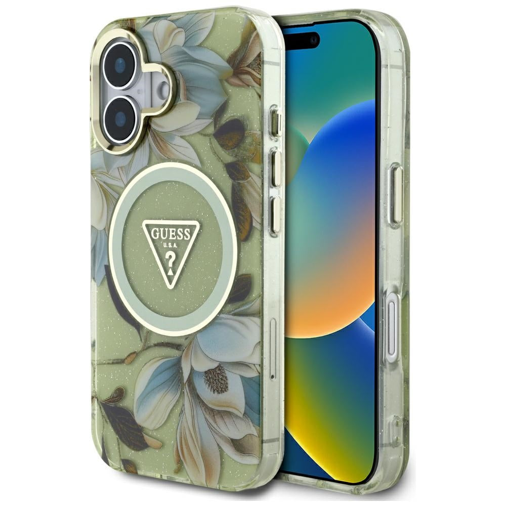 MagSafe-deksel for Apple iPhone 16, Guess, IML Metal Glitter Flowers Triangle, Grønn
