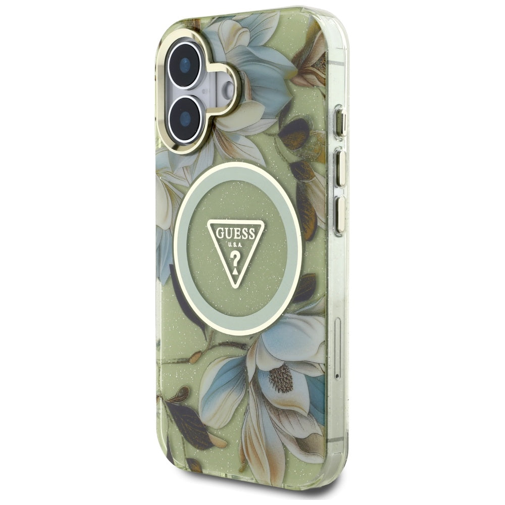 MagSafe-deksel for Apple iPhone 16, Guess, IML Metal Glitter Flowers Triangle, Grønn