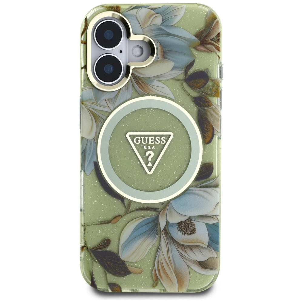 MagSafe-deksel for Apple iPhone 16, Guess, IML Metal Glitter Flowers Triangle, Grønn