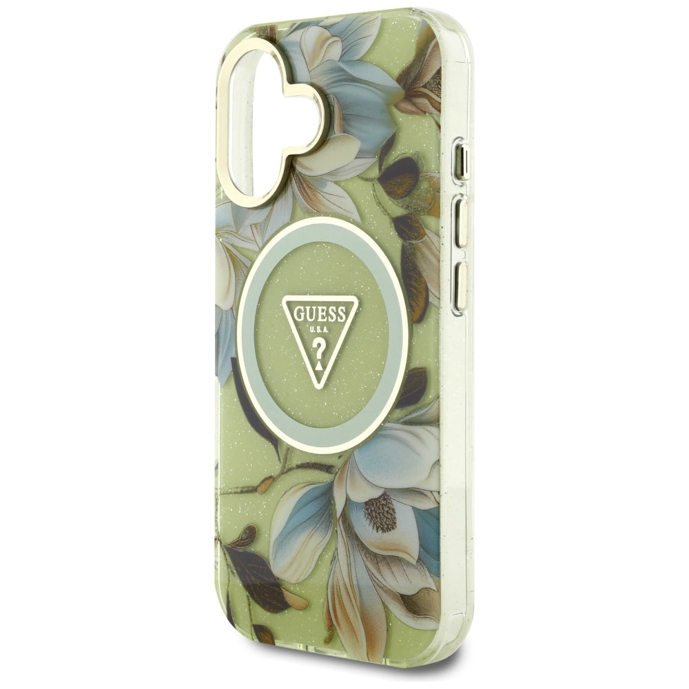 MagSafe-deksel for Apple iPhone 16, Guess, IML Metal Glitter Flowers Triangle, Grønn