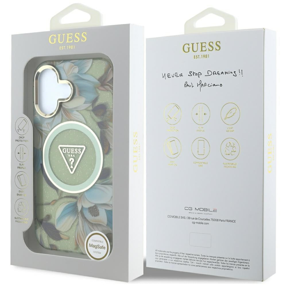 MagSafe-deksel for Apple iPhone 16, Guess, IML Metal Glitter Flowers Triangle, Grønn