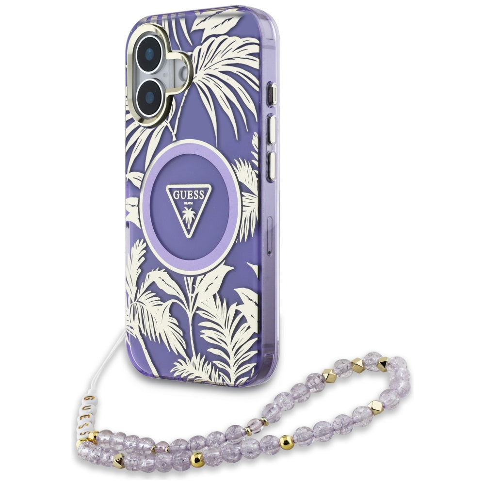 MagSafe deksel for Apple iPhone 16, Guess, IML Palm Trees Triangle with Pearl Strap, Lilla