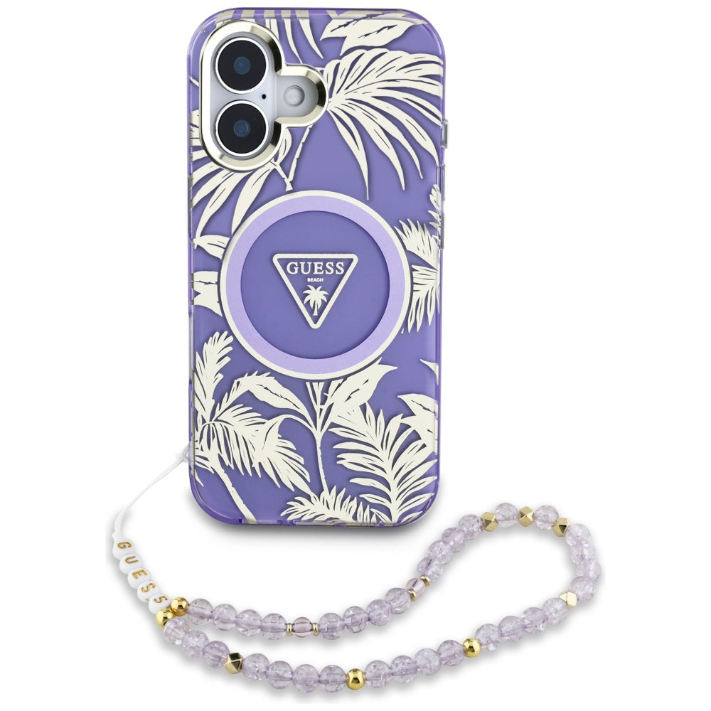 MagSafe deksel for Apple iPhone 16, Guess, IML Palm Trees Triangle with Pearl Strap, Lilla
