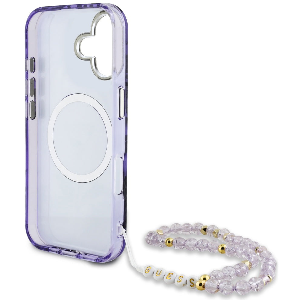 MagSafe deksel for Apple iPhone 16, Guess, IML Palm Trees Triangle with Pearl Strap, Lilla