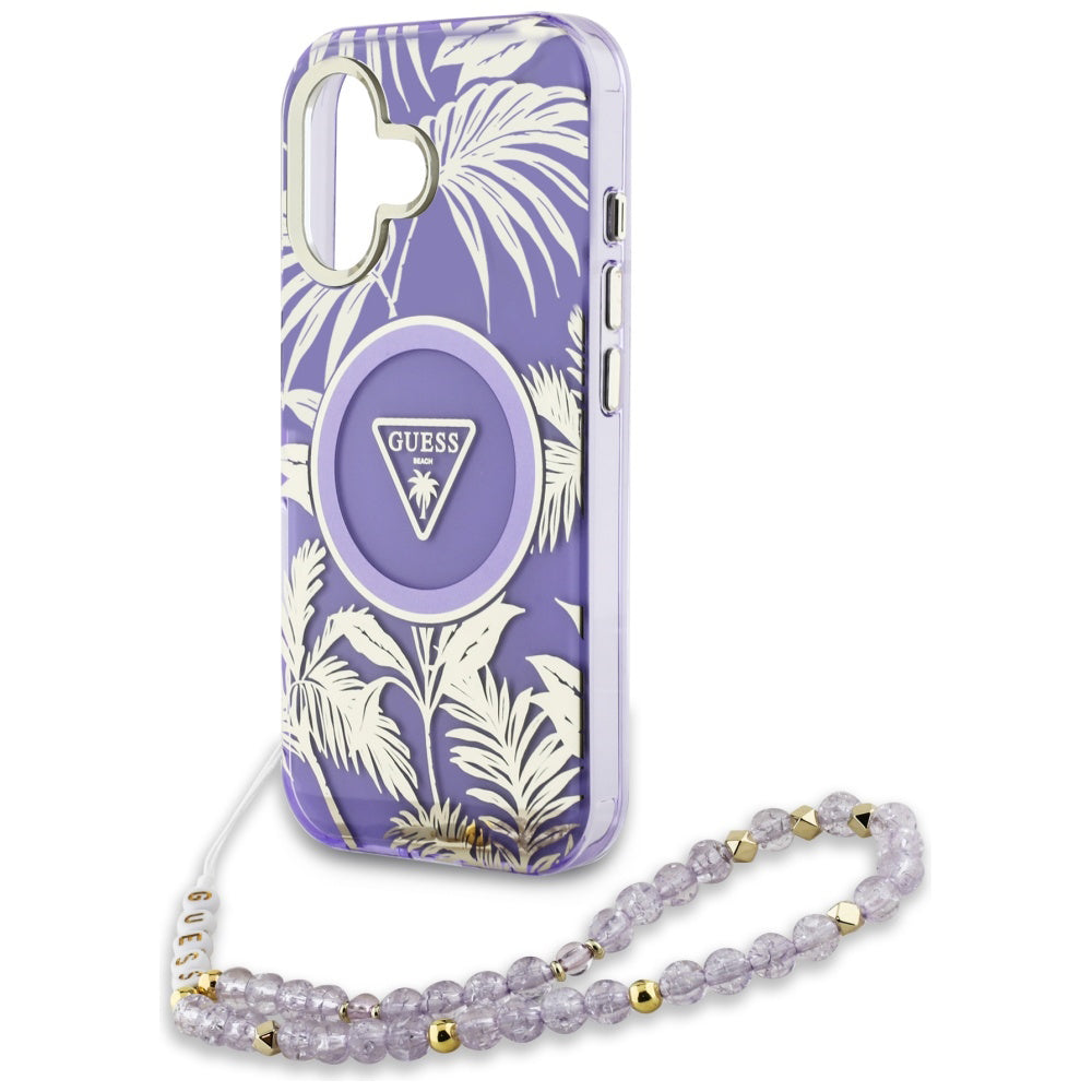 MagSafe deksel for Apple iPhone 16, Guess, IML Palm Trees Triangle with Pearl Strap, Lilla