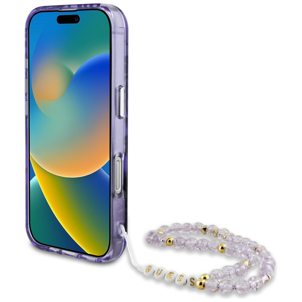 MagSafe deksel for Apple iPhone 16, Guess, IML Palm Trees Triangle with Pearl Strap, Lilla
