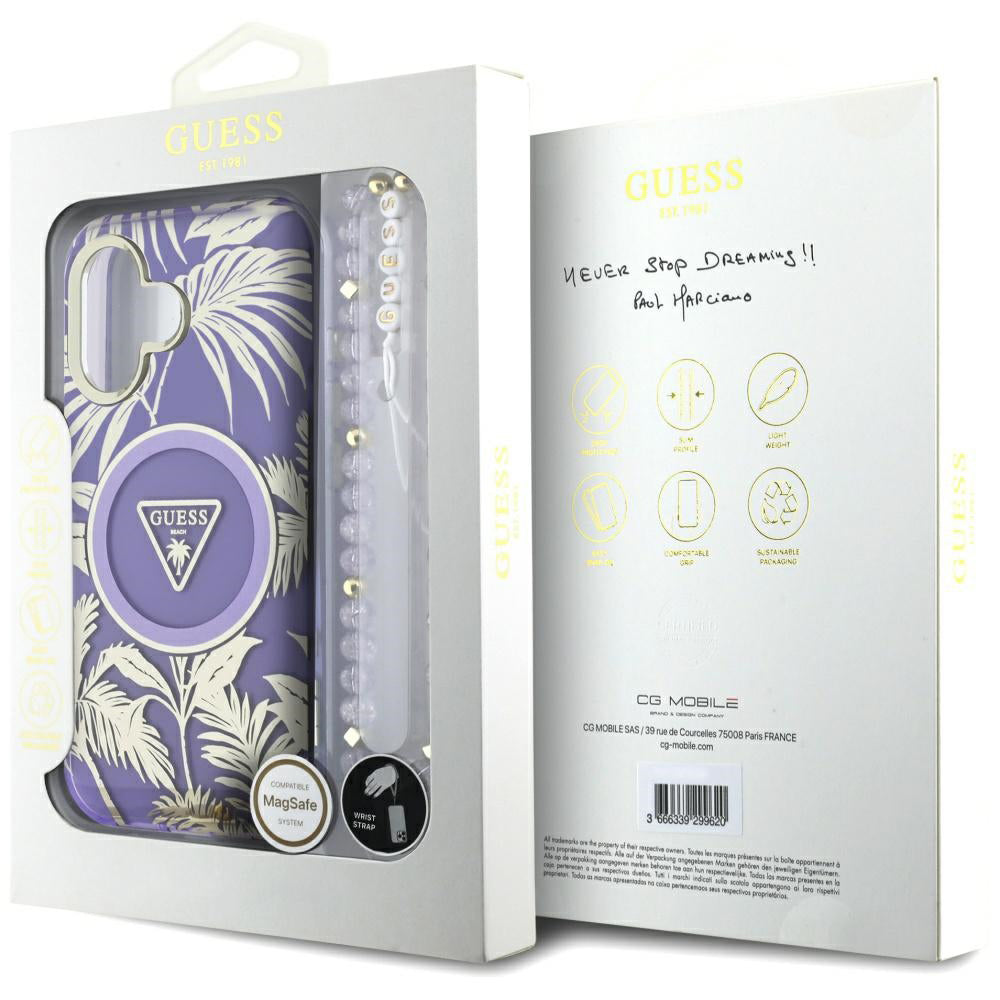 MagSafe deksel for Apple iPhone 16, Guess, IML Palm Trees Triangle with Pearl Strap, Lilla
