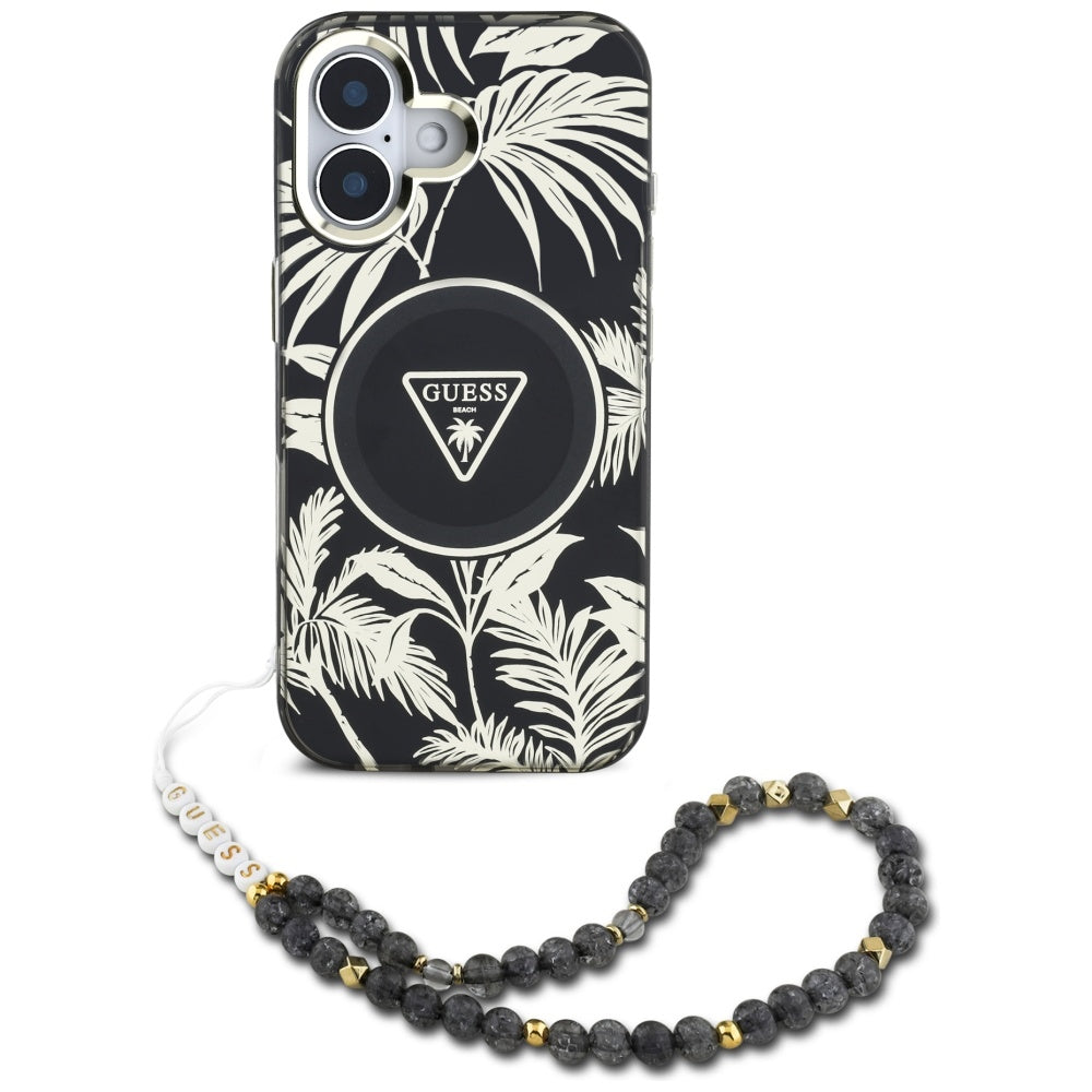 MagSafe deksel for Apple iPhone 16, Guess, IML Palm Trees Triangle with Pearl Strap, Svart