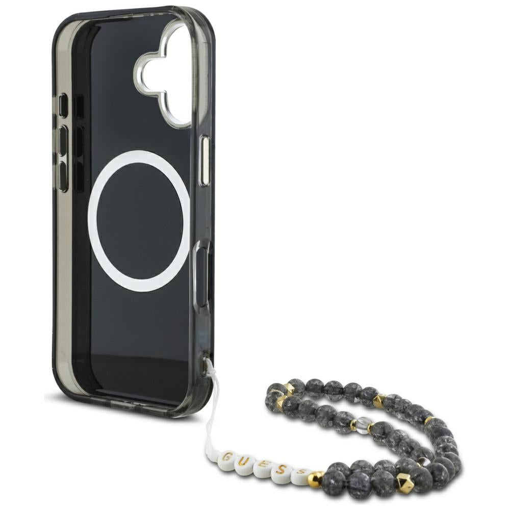 MagSafe deksel for Apple iPhone 16, Guess, IML Palm Trees Triangle with Pearl Strap, Svart