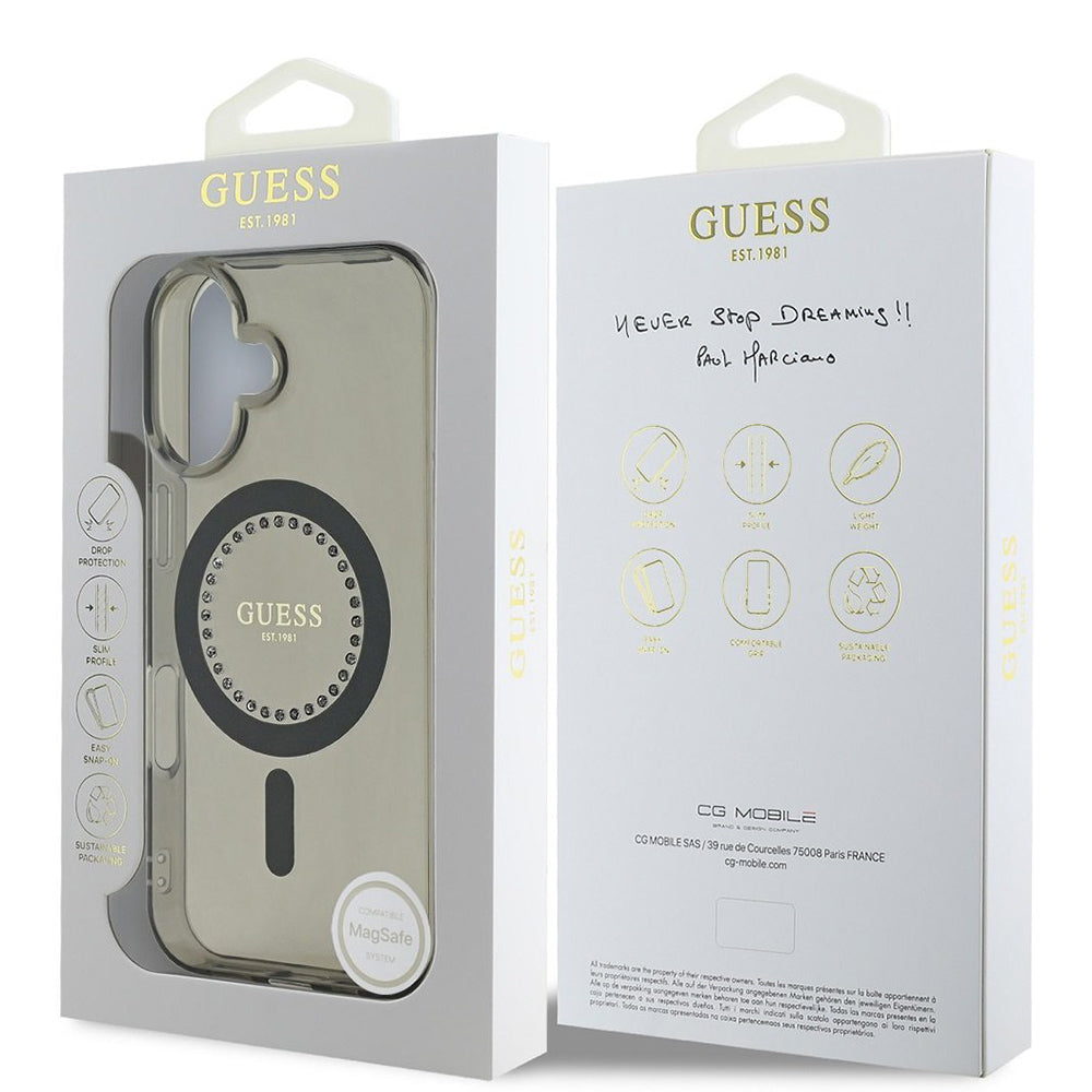 MagSafe-deksel for Apple iPhone 16, Guess, IML Rhinestone, Svart