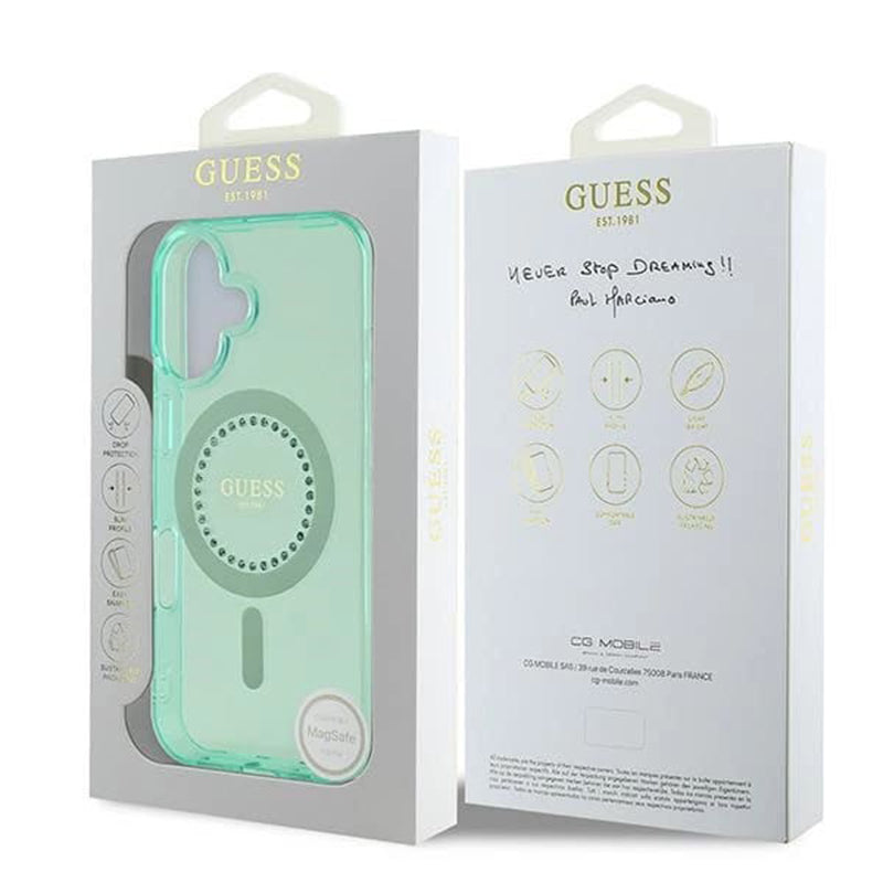 MagSafe-deksel for Apple iPhone 16, Guess, IML Rhinestone, Grønn